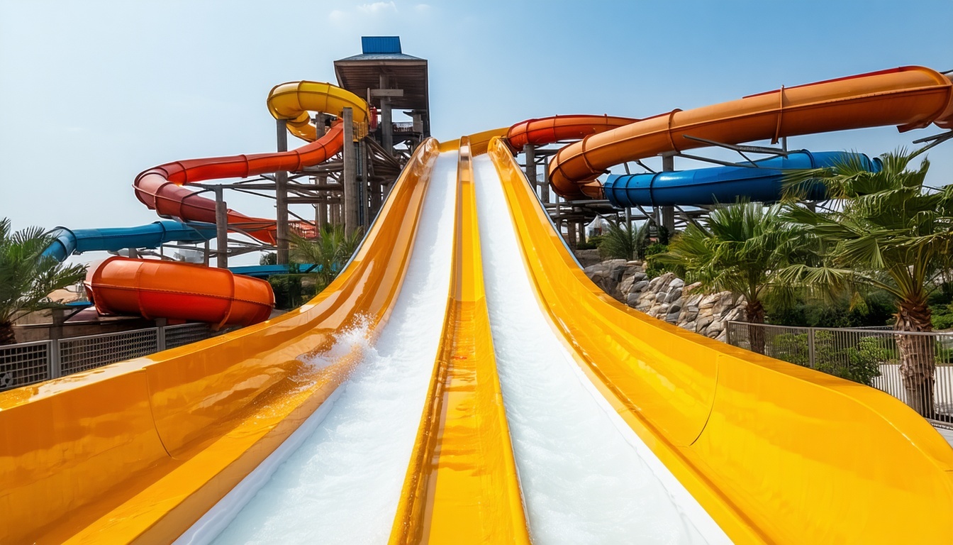 High-speed water slides at AquaQuest Adventure Park Dubai