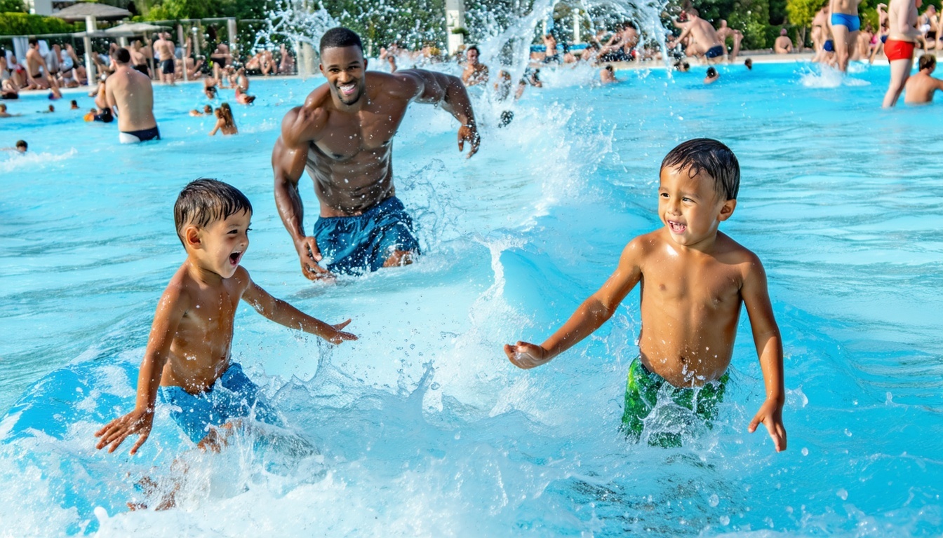 Families enjoying wave pools and splash zones