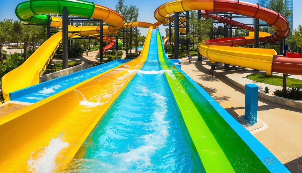 Aerial view of AquaQuest Adventure Park Dubai, featuring vibrant water slides and play areas Aerial view of AquaQuest Adventure Park Dubai, featuring vibrant water slides and play areas