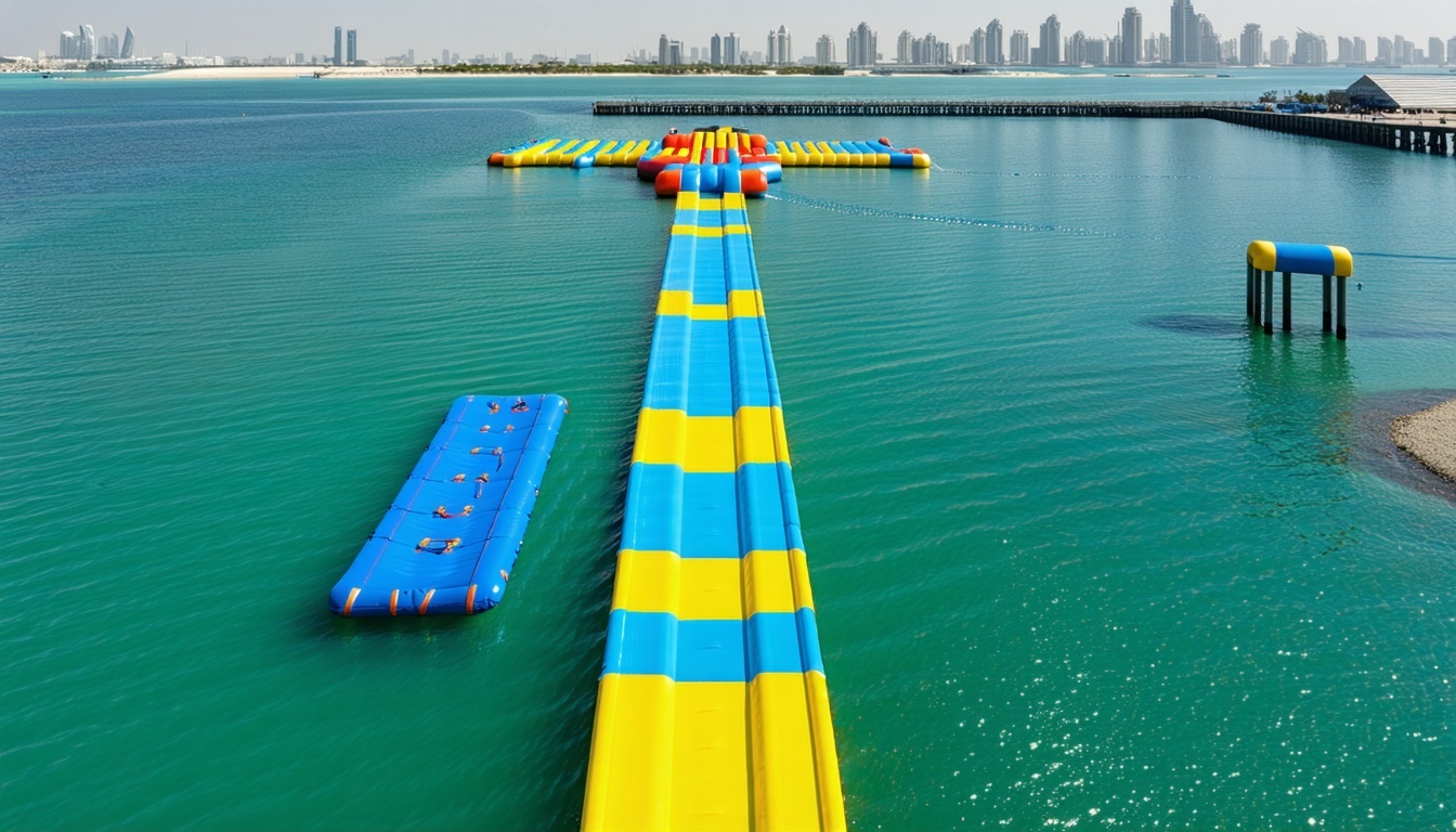 Aerial view of the floating obstacle course at AquaQuest Adventure Park Dubai