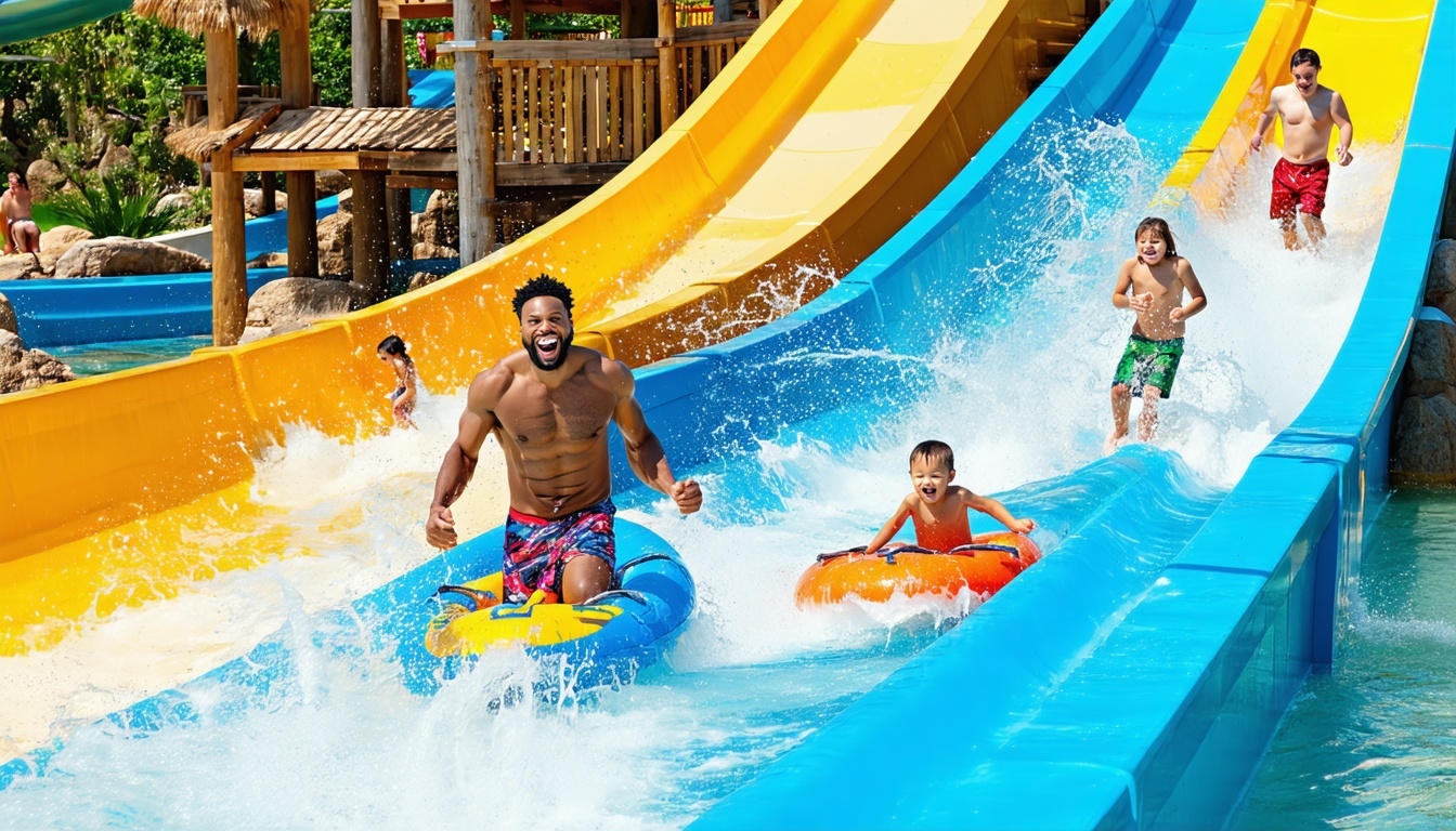 Families enjoying water slides and splash zones at AquaQuest Adventure Park Dubai